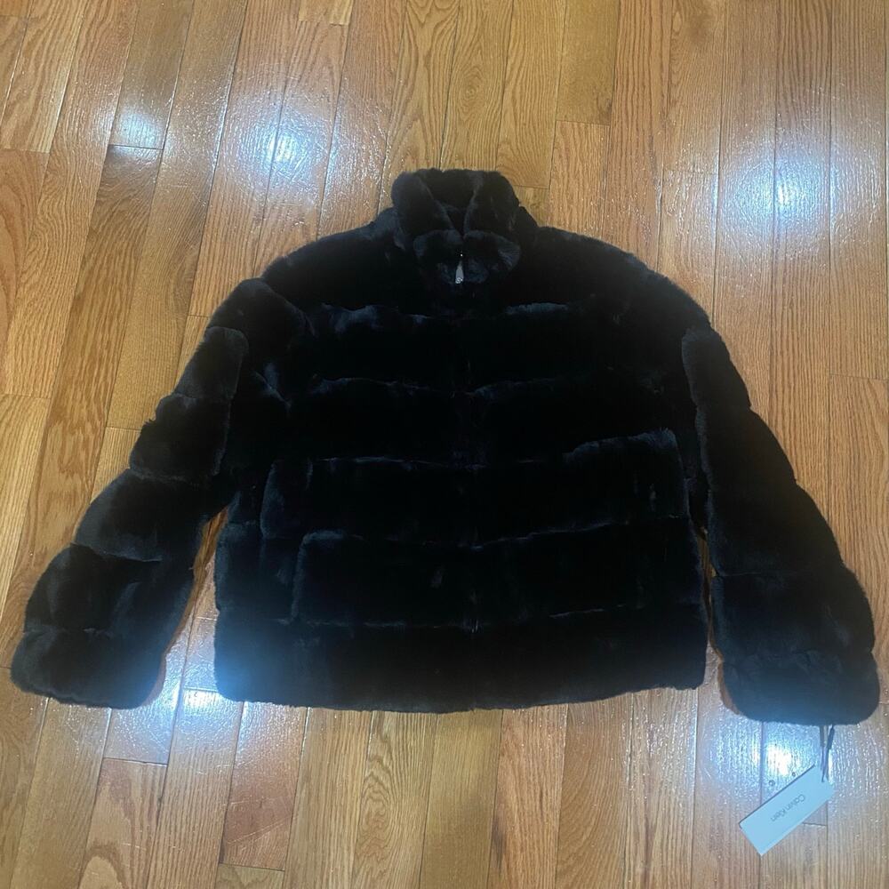 NWT Calvin Klein Black Fur Collar Long Sleeve Jacket Coat Women’s XL